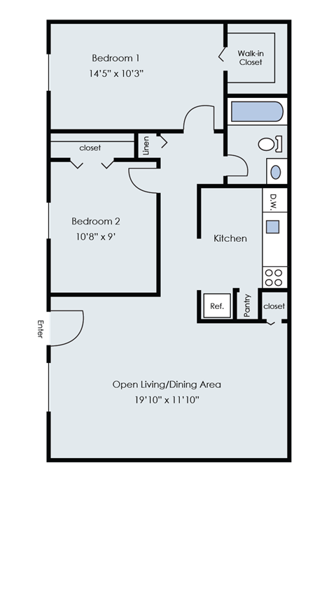 Floor plan for 2 beds, 1 bath, 730 sqft